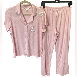 Laura Ashley Pajama Set Pink Polka Dot Sz L Scottie Dog 2pc PJs Cotton Sleepwear